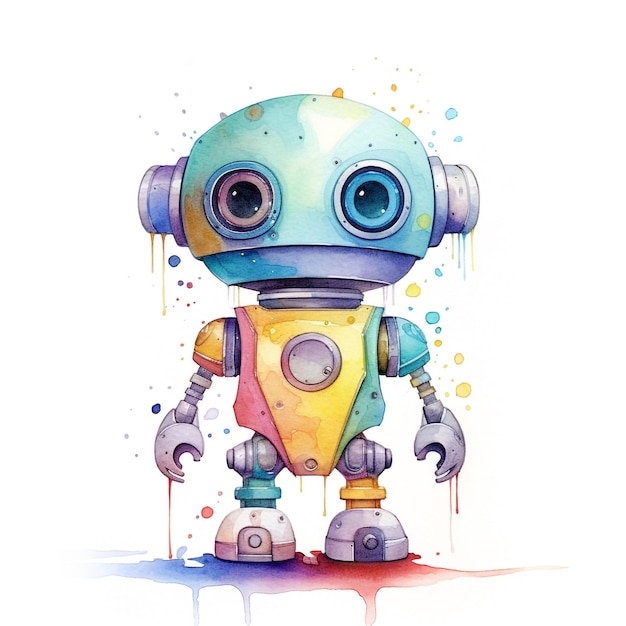 Ein Roboter steht in einem Aquarell-Gemälde.