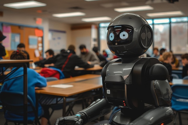 Ein Roboter steht vor einer Gruppe von Menschen in einem Klassenzimmer