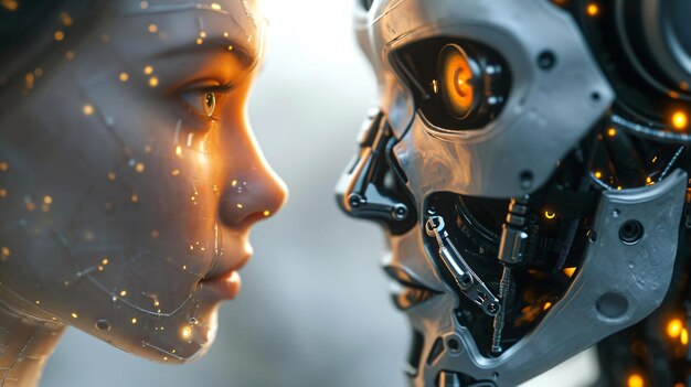 Foto ein roboter und ein humanoid, die sich gegenüber stehen.