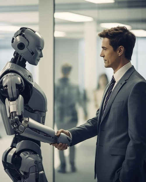 Ein Roboter und ein Mann schütteln sich in einem Büroraum die Hände. Generative KI