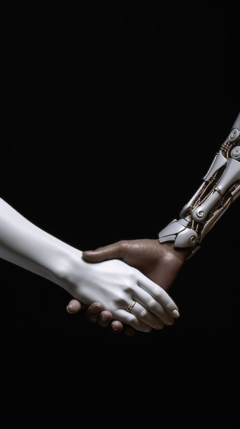 Ein Roboter und ein Mensch geben sich die Hand