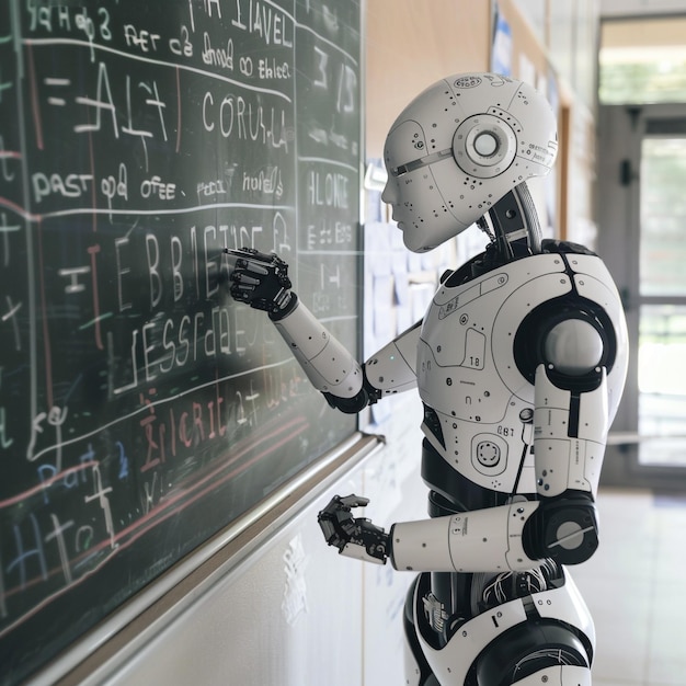 Ein Roboter unterrichtet Schüler in einer Schule, ein KI-Lehrer in einer Schule