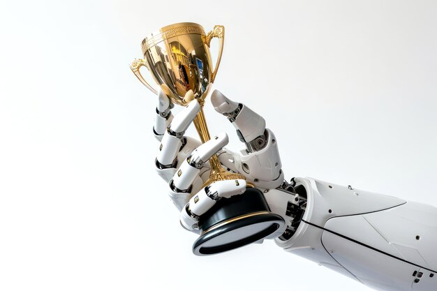 Ein Roboterarm hält triumphierend einen goldenen Trophäenbecher hoch, der eine technische Errungenschaft symbolisiert