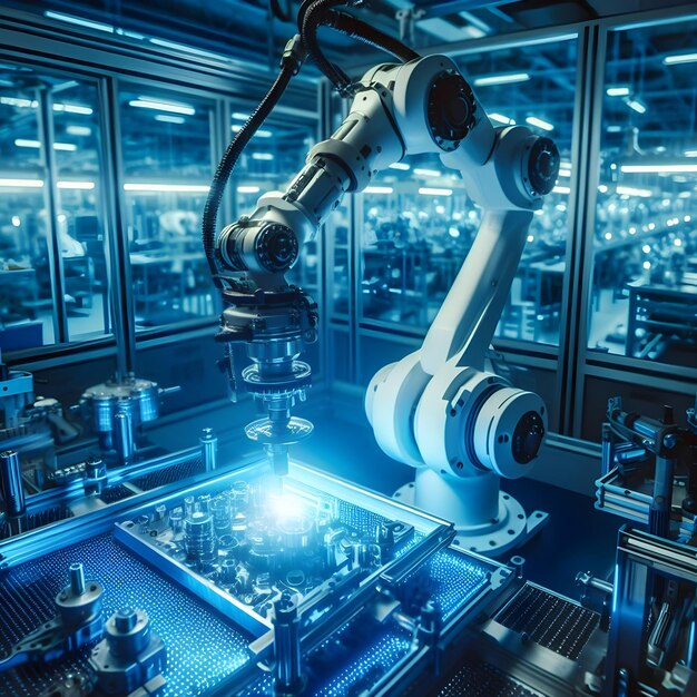 Ein Roboterarm in einer Produktionsstätte in blauem Licht, während er sorgfältig zusammengebaut wird