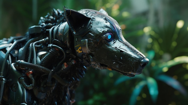 Ein Roboterhund mit einem blauen Auge und einem schwarzen Kopf.