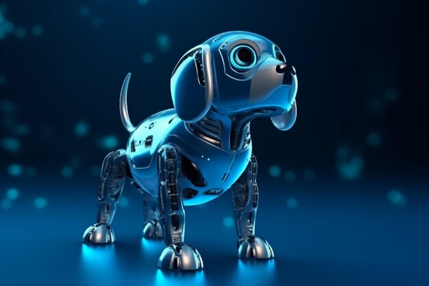 Ein Roboterhund steht auf einem blauen Hintergrund.