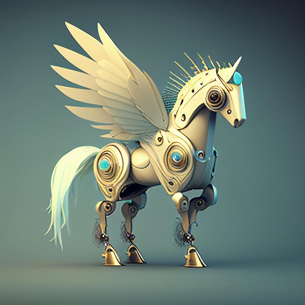 Ein Roboterpferd mit Flügeln, auf dem „Flügel“ steht