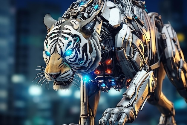 Foto ein robotertiger im cyberpunk-stil