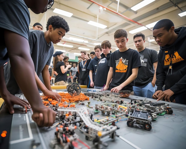 Ein Robotik-Wettbewerb, bei dem Studenten ihre komplizierten Kreationen bedienen und ihren Ingenieur präsentieren