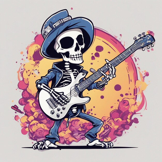 Ein Rocker-Skelett mit Gitarren-Seitenansicht, sauberem, weißem Hintergrund-T-Shirt-Design