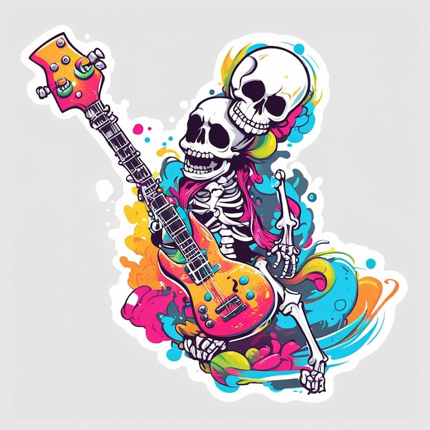 Ein Rocker-Skelett mit Gitarren-Seitenansicht, sauberem, weißem Hintergrund-T-Shirt-Design