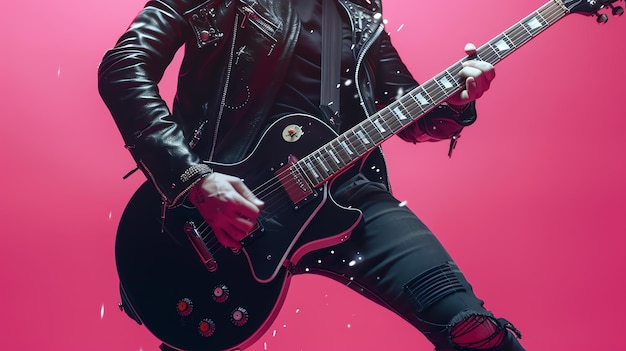 Foto ein rockstar spielt eine schwarze e-gitarre auf einem rosa hintergrund. er trägt eine schwarza lederjacke und jeans.