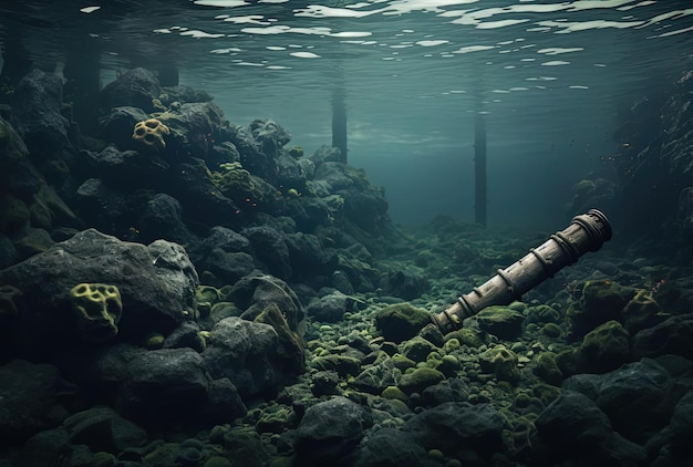ein Rohr und Felsen unter einem Meeresboden im Stil hyperrealistischer Science-Fiction