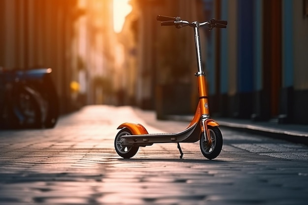 Ein Roller steht auf einer Straße, im Hintergrund scheint die Sonne.