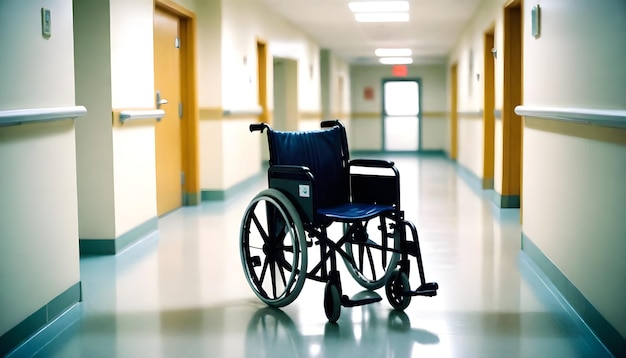 ein Rollstuhl befindet sich in einem Flur mit dem Ausgangsschild auf der rechten Seite