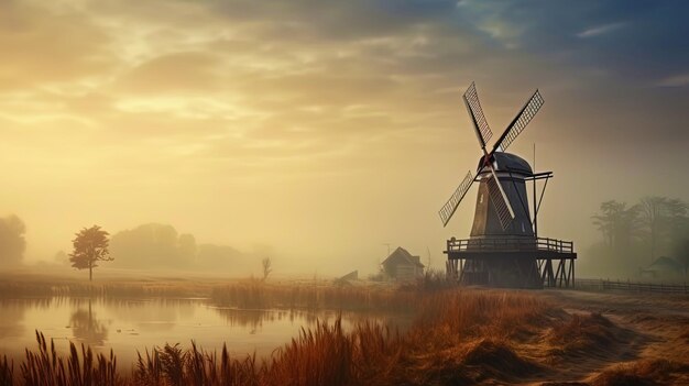 Ein romantischer Blick auf die Windmühle im Nebel des frühen Morgens