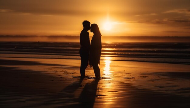 Ein romantischer Sonnenuntergang umarmt Liebe, Zweisamkeit und Glück im Freien, erzeugt durch KI