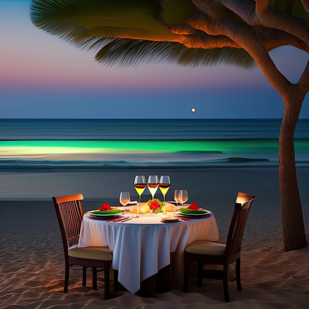 Ein romantisches Abendessen am Strand, zwei Gläser Wein, ein Abendessen, Flitterwochen.