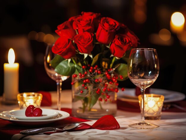 Foto ein romantisches abendessen bei kerzenlicht, rote rosenblumen, gläser.