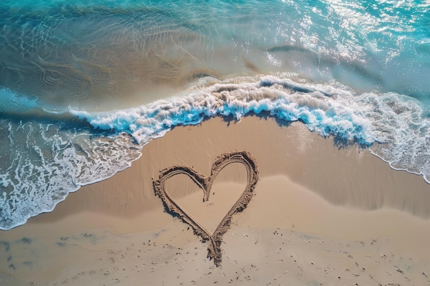 Ein romantisches Liebesherz, gezeichnet im Sand auf einem wunderschönen Strand