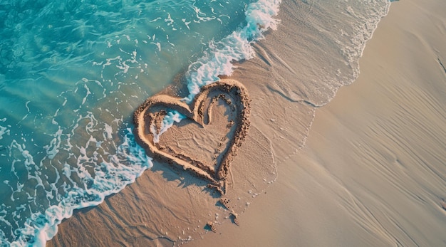 Ein romantisches Liebesherz, gezeichnet im Sand auf einem wunderschönen Strand