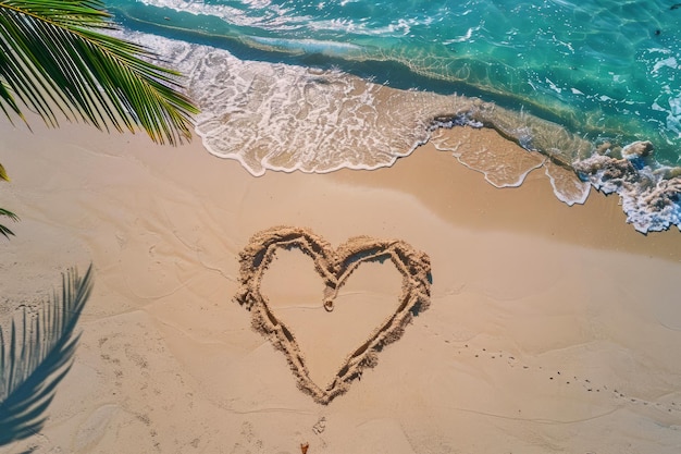 Ein romantisches Liebesherz, gezeichnet im Sand auf einem wunderschönen Strand