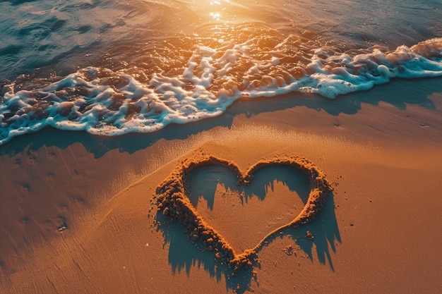 Ein romantisches Liebesherz, gezeichnet im Sand auf einem wunderschönen Strand