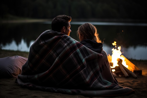 Ein romantisches Paar, das mit einer Decke bedeckt ist, sitzt vor dem Lagerfeuer im Wald generative ai