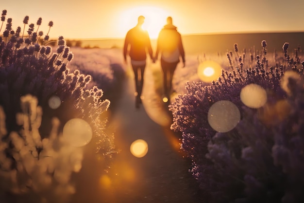 Ein romantisches Paar, das während eines Sonnenuntergangs Hand in Hand durch ein wunderschönes Lavendelfeld geht.