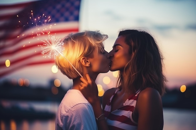 Ein romantisches Paar küsst sich unter einem Feuerwerk mit amerikanischer Flagge