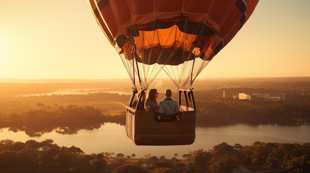 Ein romantisches Paar sitzt in einem bunten Heißluftballon hoch über dem Boden