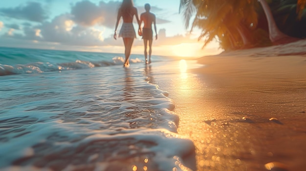 Ein romantisches Paar spaziert bei Sonnenuntergang am Strand entlang und genießt die ruhige Natur mit faszinierendem Meerblick im Hintergrund