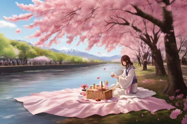 Ein romantisches Sakura-Piknik mit einer Decke, die unter einem Kirschblütendach ausgebreitet wird