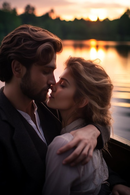 Ein romantisches Twilight-Fotoshoot eines Paares in einem Boot auf einem Quellsee