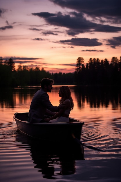 Ein romantisches Twilight-Fotoshoot eines Paares in einem Boot auf einem Quellsee