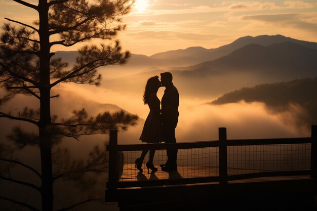 Ein romantisches verliebtes Paar auf dem Berg bei Sonnenuntergang von Generative Ai