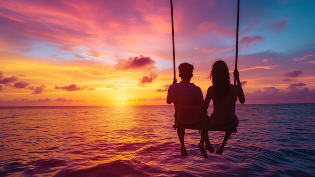 Ein romantisches verliebtes Paar sitzt zusammen auf einer Seilschaukel bei Sonnenuntergang. Silhouetten eines jungen Mannes und einer jungen Frau im Urlaub oder auf Flitterwochen.