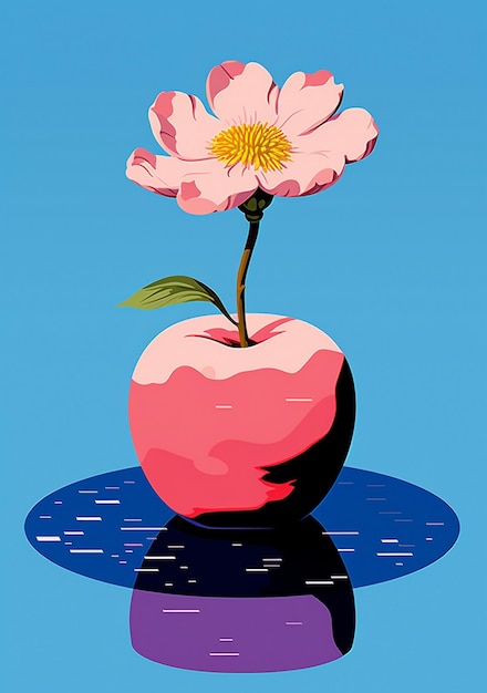 Ein rosa Apfel mit einer Blume darauf befindet sich in einem Wassertropfen.