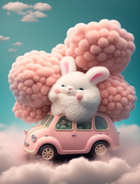 Ein rosa Auto mit einem rosa Hasen auf dem Dach