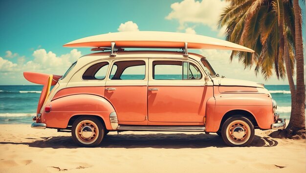 Foto ein rosa auto mit surfbrett auf dem dachregal ist am strand geparkt