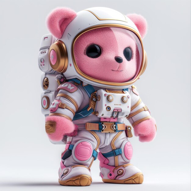 Foto ein rosa bär mit helm steht in einem astronautenanzug