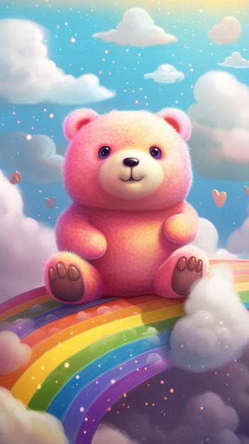 Ein rosa Bär sitzt auf einem Regenbogen mit den Worten „Liebe“ darauf