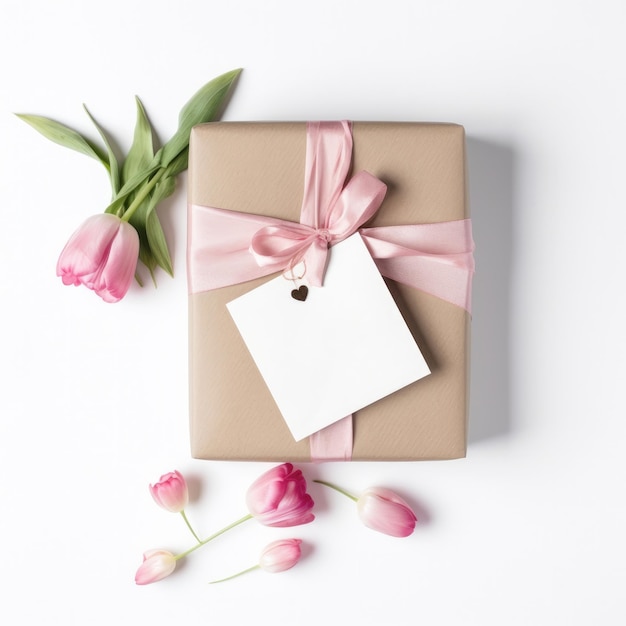 Ein rosa Band, das um ein Geschenk gebunden ist, mit einer rosa Schleife und einem Band mit der Aufschrift „Tulpen“.