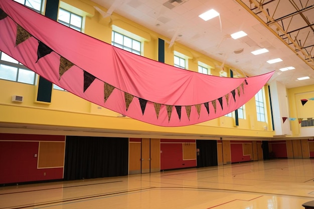 ein rosa Banner hängt an der Decke einer Schule