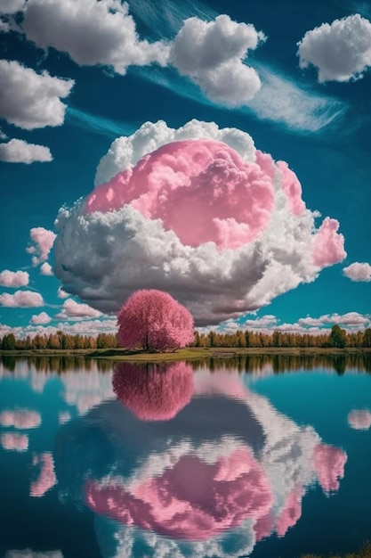 Ein rosa Baum am Himmel mit einer Wolke in der Mitte