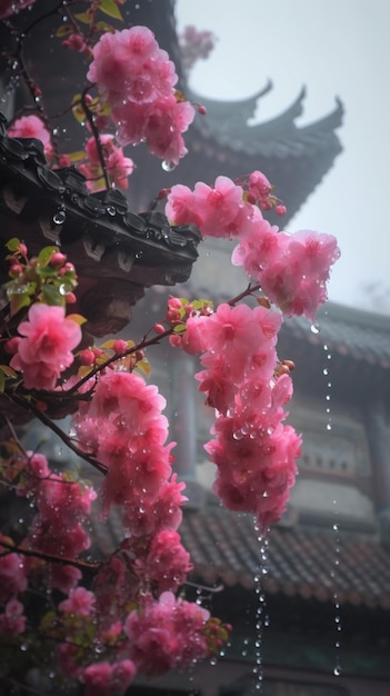 Ein rosa Baum im Regen