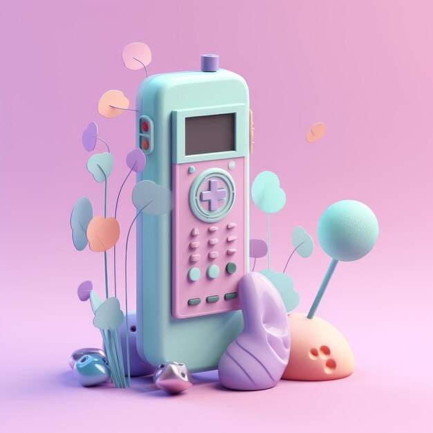 Ein rosa-blaues Spielzeugtelefon mit einem Knopf auf der Vorderseite.