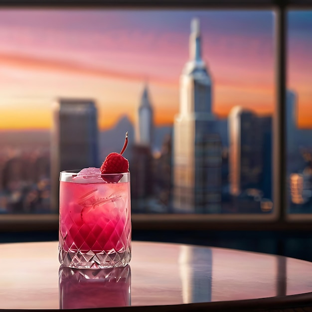 Foto ein rosa cocktail mit einer himbeere oben, serviert in einem kristallglas