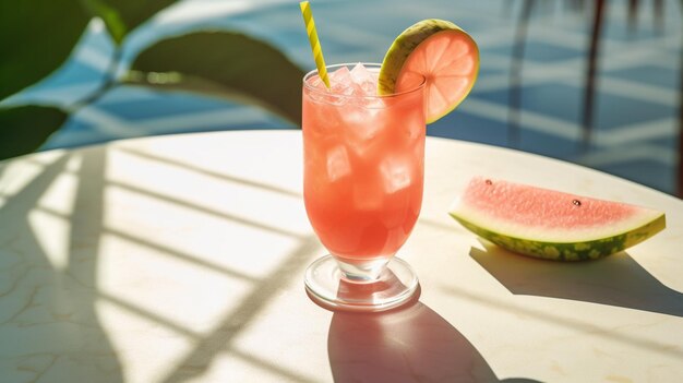 Ein rosa Cocktail mit einer Scheibe Wassermelone auf einem Tisch neben einem Pool.