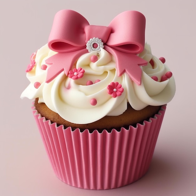 Ein rosa Cupcake mit einer Schleife darauf